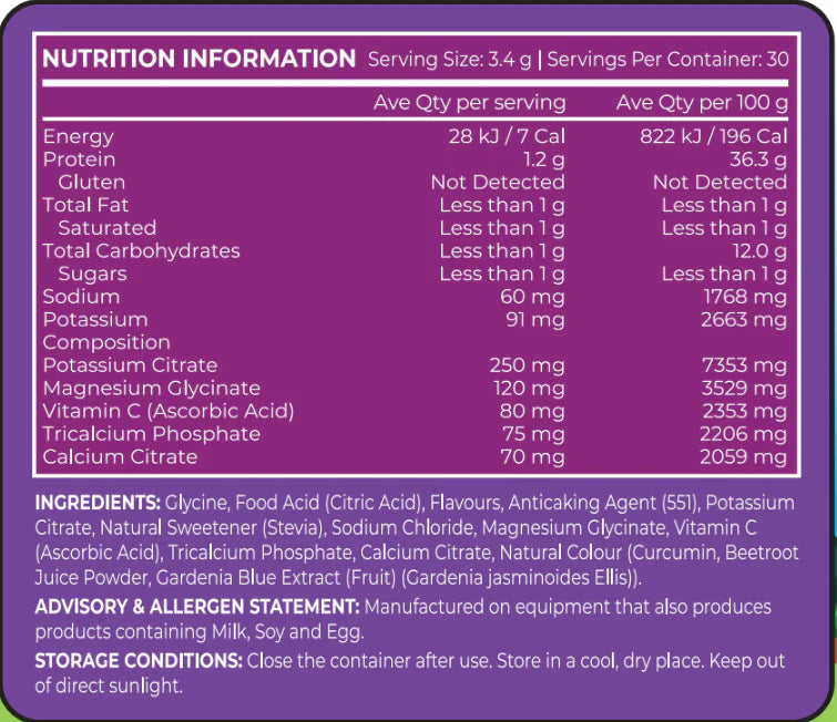 ReVitalise Kids: Zero Sugar Electrolytes Nutrition Information Giggly Grape